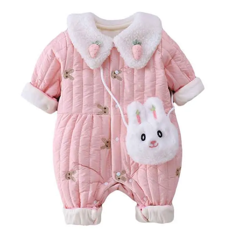 

Infant Baby Clothes Winter Girl Cute Rabbit One-Piece Thicken Bodysuit 6 9 12 18 24M Girls Plush Outerwear 15 ℃ Daily Bag Set