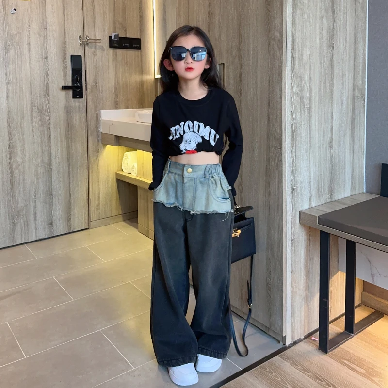 

Late Autumn Girls Denim Pants Baby Pants Kids Jeans Teenage Bottoms Children Clothes Radient Tassel Patch Warm Velvet 5-14Y