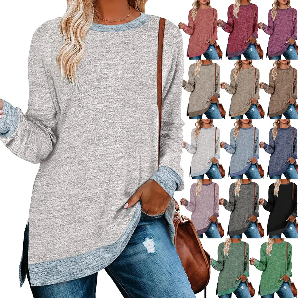 

New Arrival Women T-shirt Fashion Long Sleeve Round Neck Color Contrast Split Top Loose Casual Pullover T-shirt