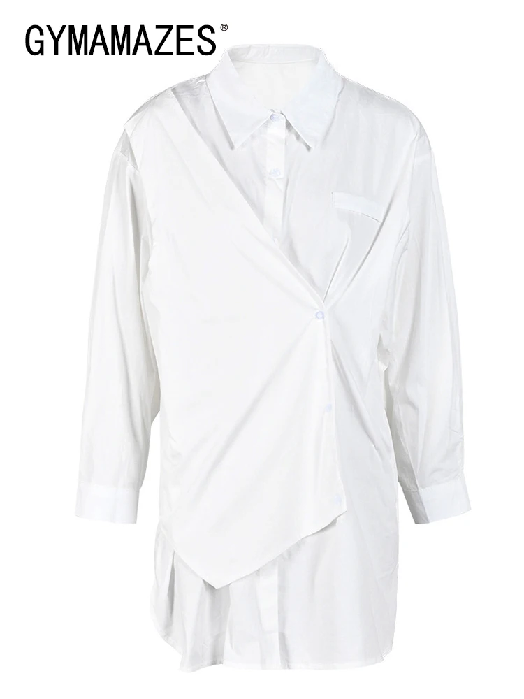 

Женская Асимметричная рубашка GYMAMAZES, однотонная Повседневная Блузка с отложным воротником и длинным рукавом, на одной пуговице, в стиле пэчворк, 2023