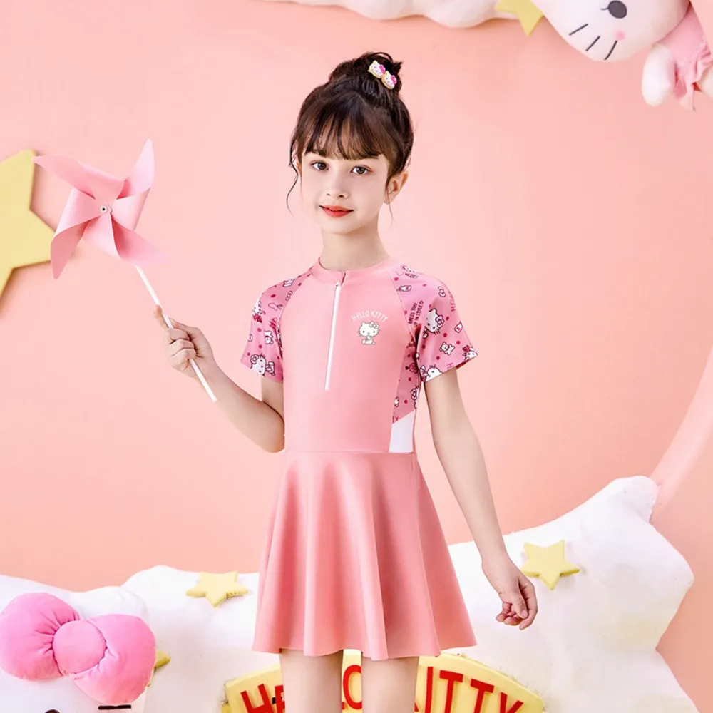 Kawaii Hello Kitty девочка цельный купальник Sanrio аниме 2024 новый летний детский купальный