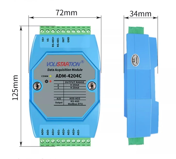 Φ 4-канальный аналоговый выходной модуль до 0-20 мА/4-20 мА/0-10 В/0-5 в Modbus RTU ADM-4204V