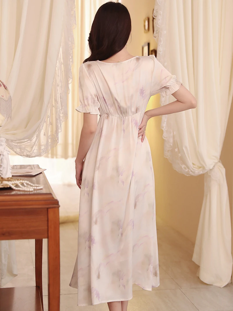 Women Summer V-Neck Lace Silk Print Nightdress French Ruffles Short Sleeve Sexy Vintage Princess Nightgowns Victorian Sleepwear