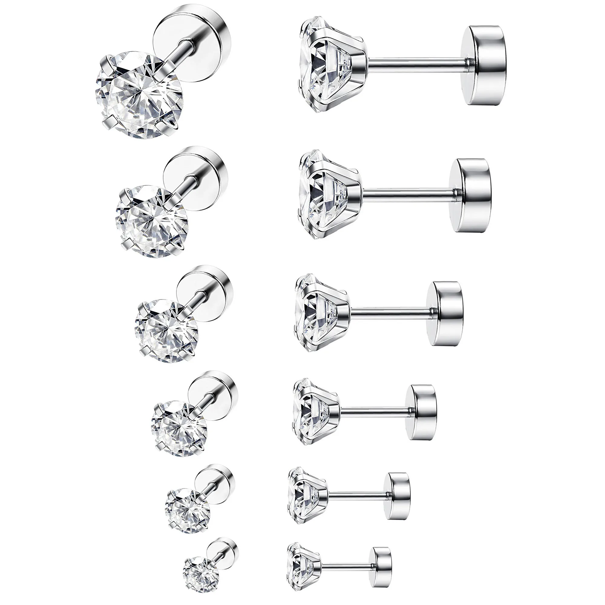 

Pack of 6 Pairs Unisex Titanium Stainless Steel Cubic Zirconia Screw Back Earrings Hypoallergenic for Sensitive Ears 3-8mm