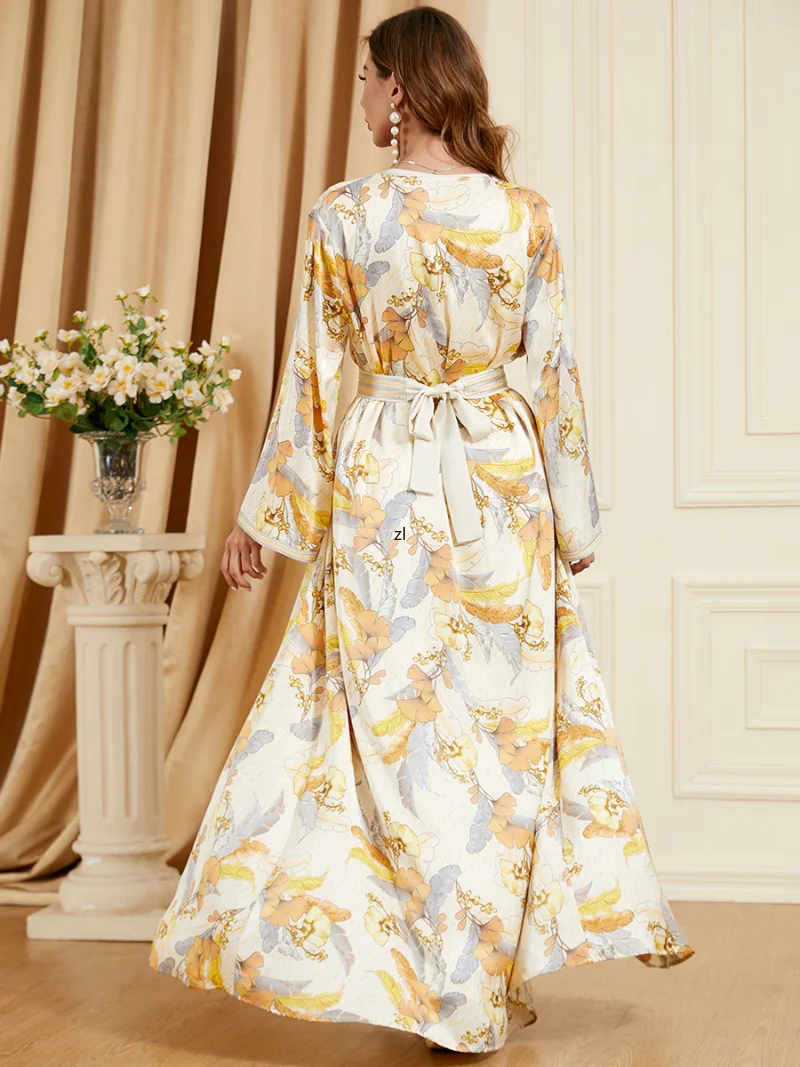 Floral 2 Piece Set Moroccan Kaftan Braided Trim Abaya Long Dress Gulf Jalabiya Evening Gowns for Women Ramadan Eid Muslim Sets