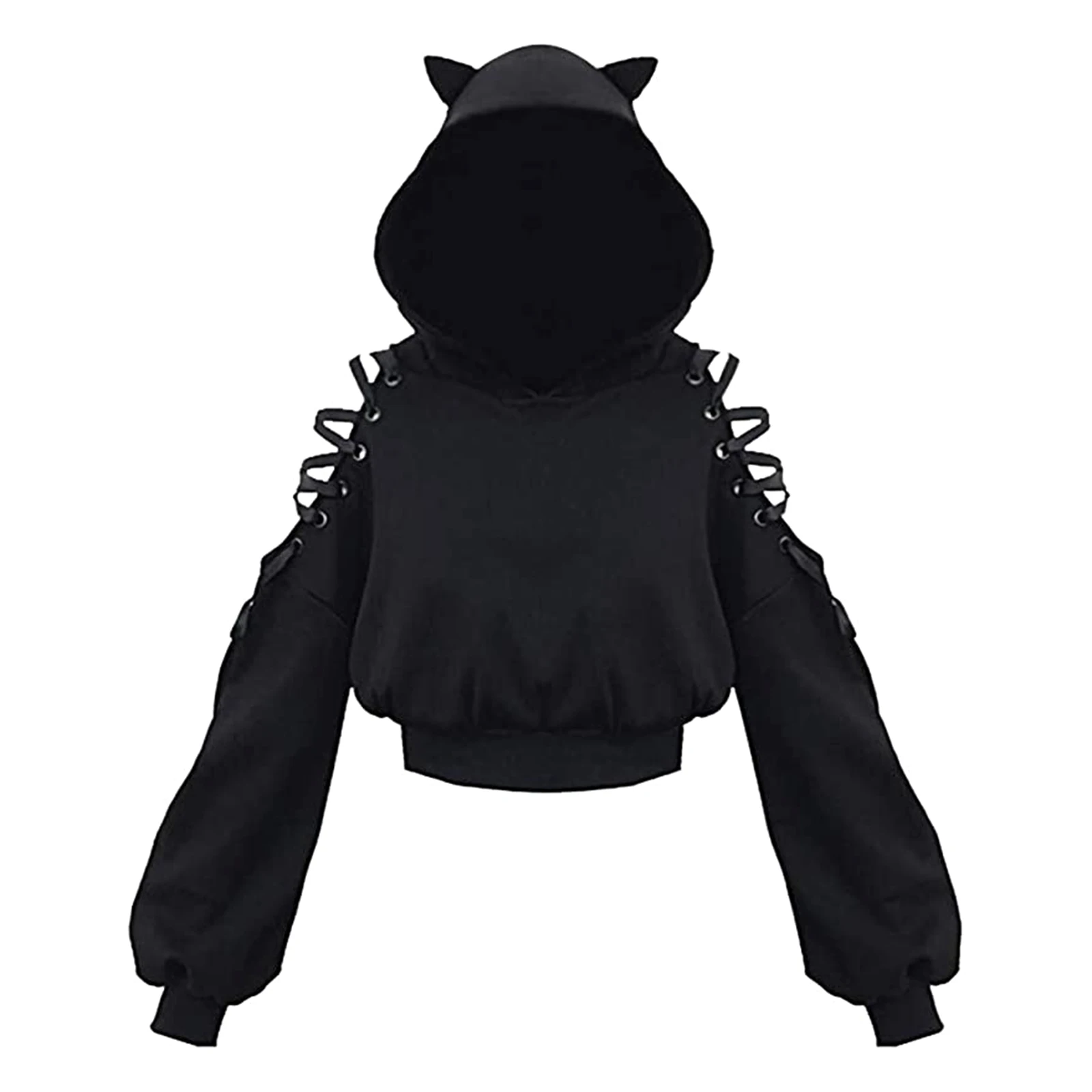 

Uyuk Brand Long Sleeve Hoodies Kawaii Cat Ears Hoodie Gothic Punk Harajuku Cold Shouler Bandage Gothic Black Leisure Sweatshirts