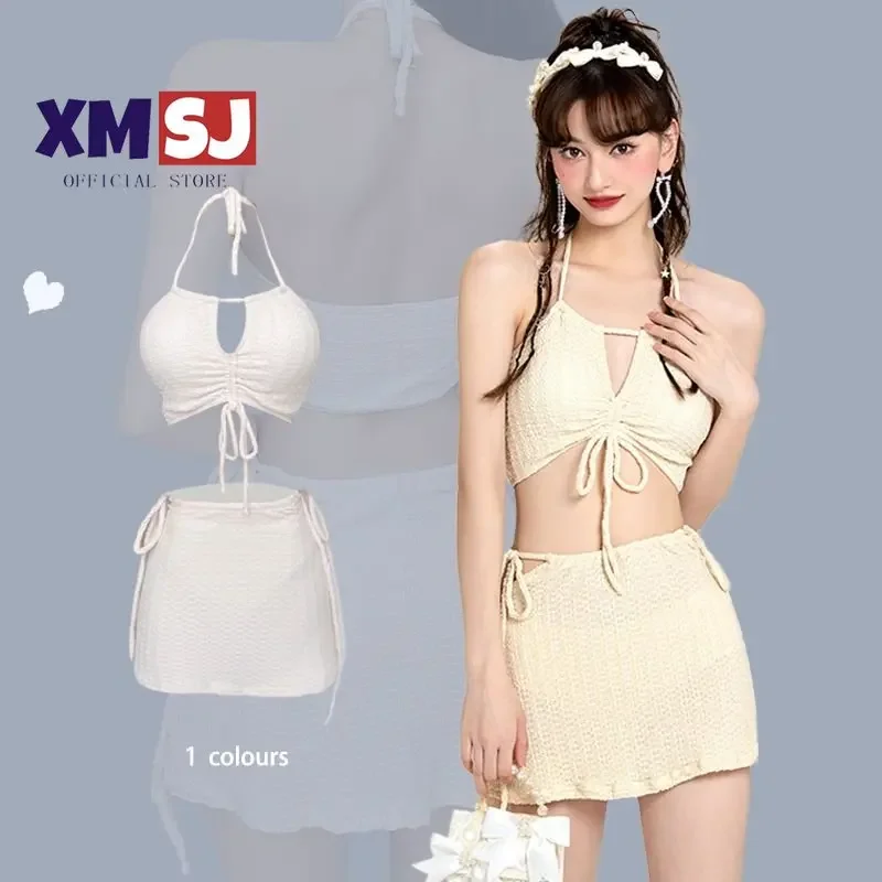 

2023 Swimming Suit Women's Bikini Three Piece Skirt Covering Meat Hanging Neck Sexy Hot Spring Split Small Swimwear Open Back