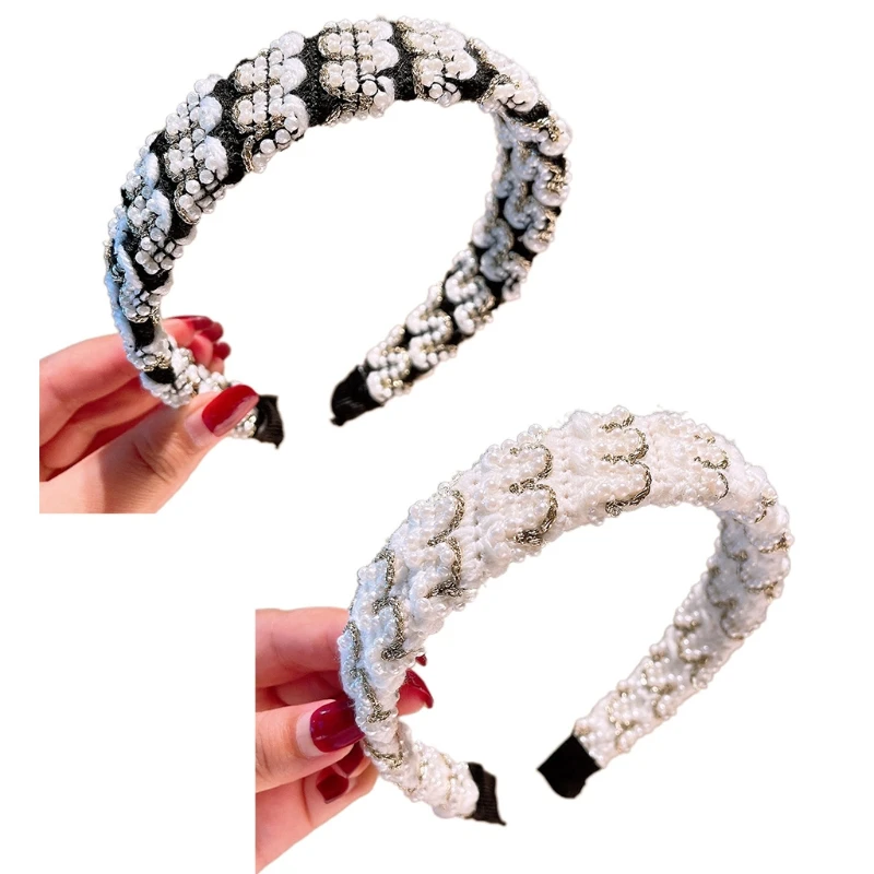 

2XPC Beaded Pearl Headbands Elegant Princess Tiara Vintage Pearl Hairband Pearl Wide Hair Hoop for Bride Wedding Party