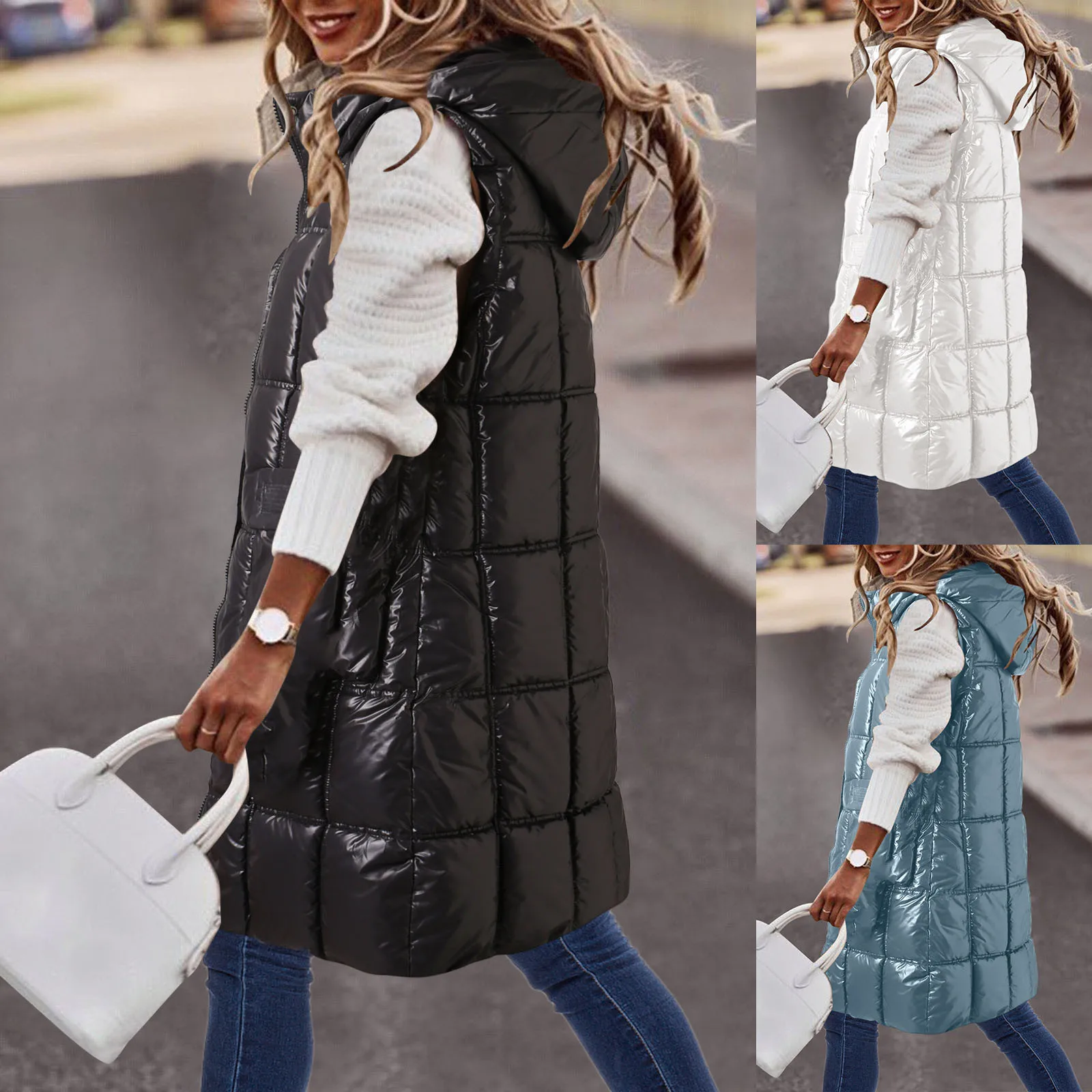 

Mystique Women Womens Sleeveless Long Vest Hooded Button Down Puff Vest Cotton Padded Jacket Winter Weight Short down Jacket