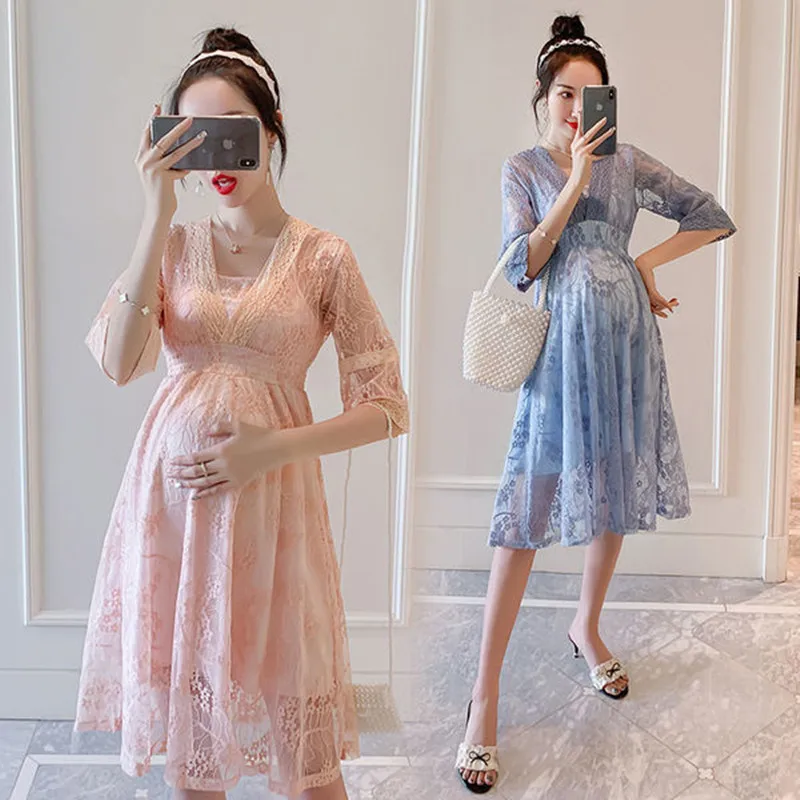 

Maternity Dresses Summer Clothes For Pregnant Women Print Lace V-Neck Knee-Length A-Line Pregnancy Vestidos 2022 New Sukienka
