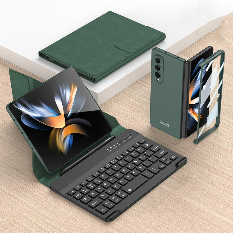 

For Samsung Galaxy Z Fold 4 3 Phone Case With Wireless Keyboard Flip Stand Bracket Leather S Pen Slot Holder Cover ( NO S Pen)