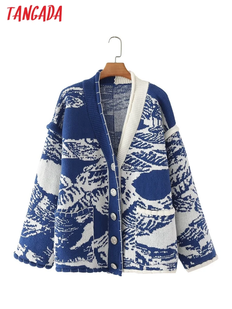 

Женский трикотажный кардиган оверсайз Tangada, плотный теплый жаккардовый джемпер, 4T21, Осень-зима 2022