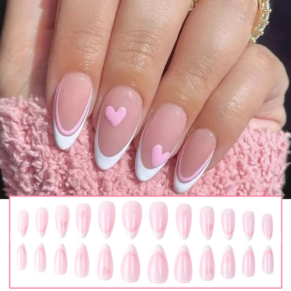 

24PCS Long False Nails Pink Teardrop Shape Fingernail Sticker French Style Teardrop Almond Nail ABS Easy to Wear Reusable SAL99