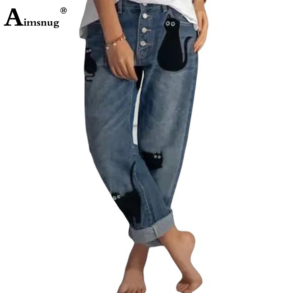Women Fashion Cats Printed Demin Pants 2022 Female High Cut Jeans Trouser Autumn Casual Straight Denim Pants Ladies Streetwear
