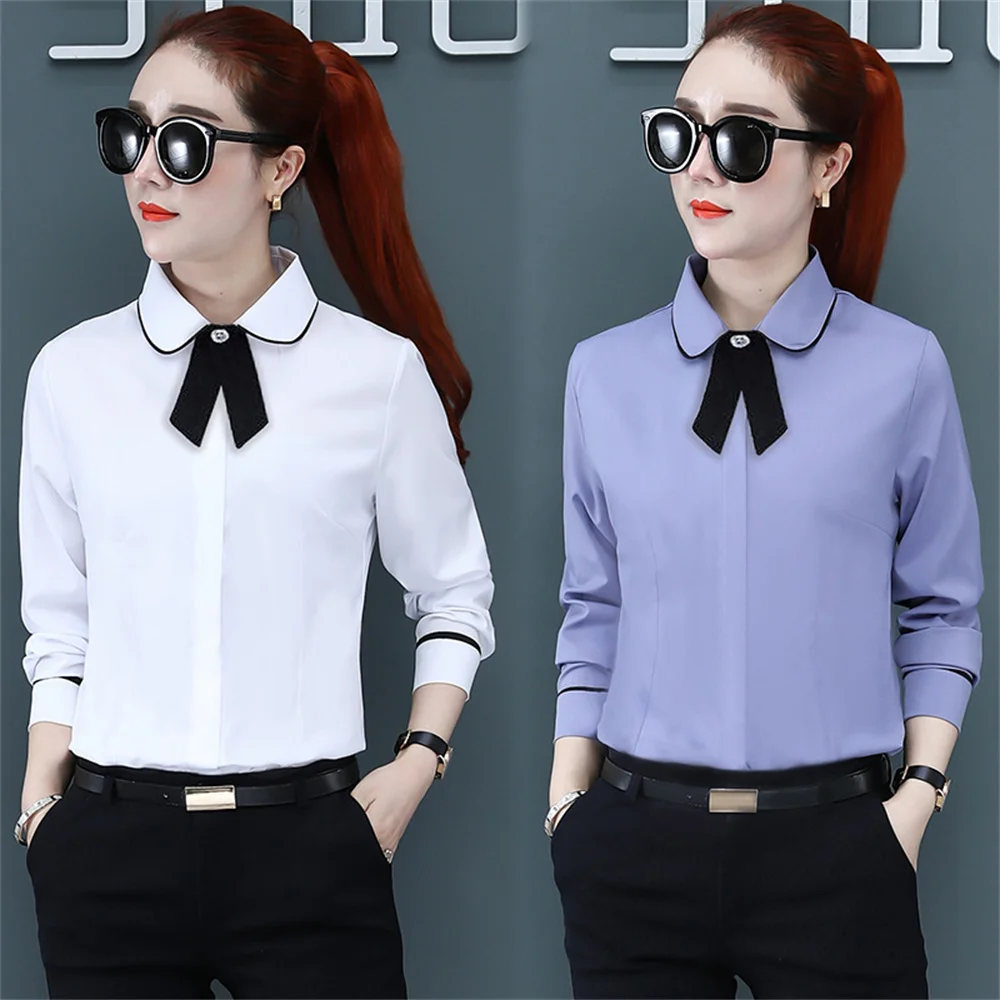 

Korean Commuter Business Shirt women Fashion Slim Fitting Anti Peeping Blouse Elegant Polo Neck Short/Long Sleeved white Tops