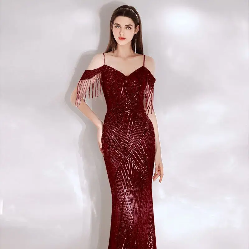 

Host evening dress female summer banquet temperament upscale light luxury niche sexy fishtail long skirt suspender