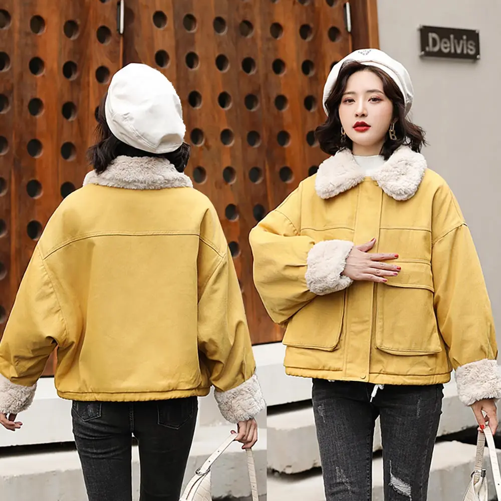 2023 Winter New Casual Women Short Parkas Warm Fur Spliced Long Sleeve Female Jacket Padded Cotton Jacket Coat Autumn Outerwear