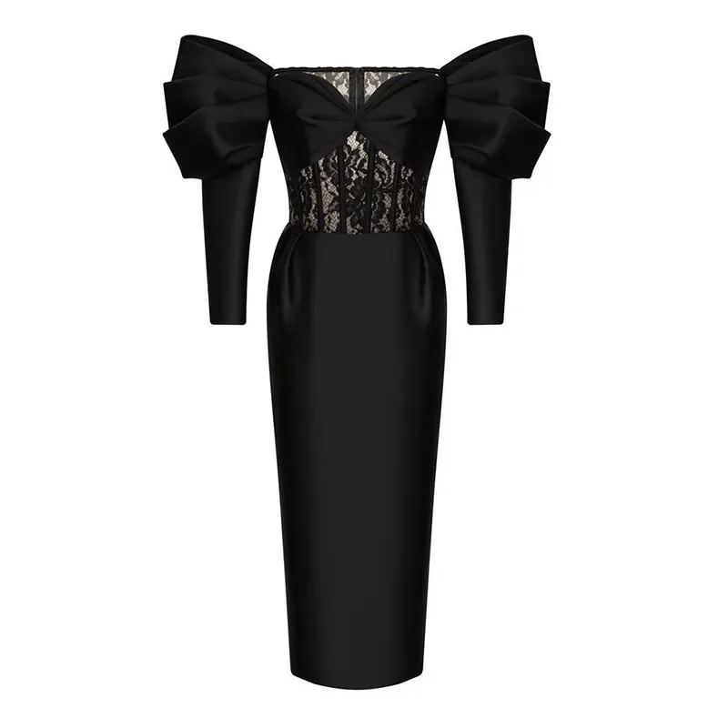 

2022New Lace Women Long Dress Sexy Puff Sleeve Black White Elegant Party Club Celebrity 2021 Summer Autumn Dresses Clothing