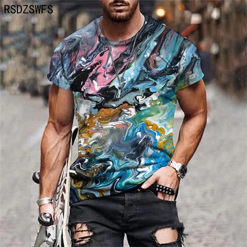 Summer Trend Graffiti Pattern T-Shirts Comfortable Breathable Material Daily Street Fashion Style Round Neck Men Short Sleeve