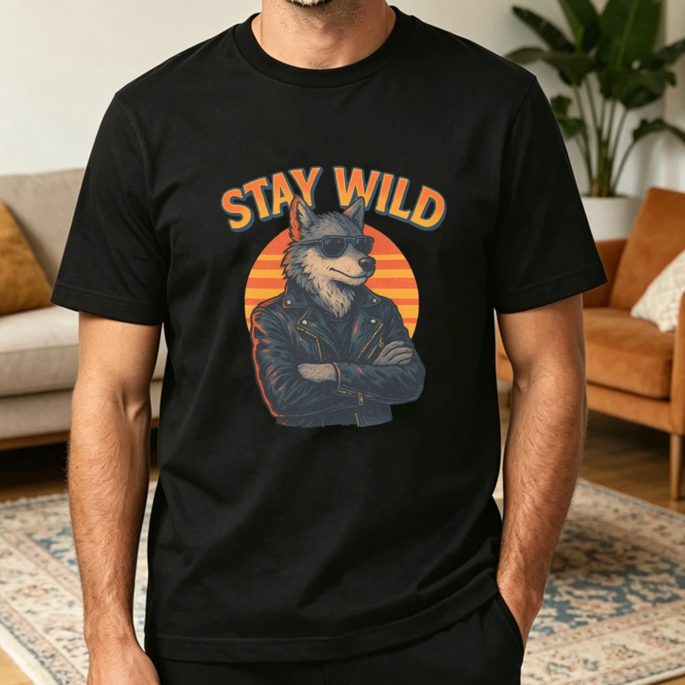 Фото Футболка с графическим принтом «Stay Wild Cool Wolf», винтажная футболка в стиле ретро с изображением волка на закате, эстетичная футболка для байкеров, повседневная рубашка в стиле Wild Spirit, подарок для любителей меха, топы №1