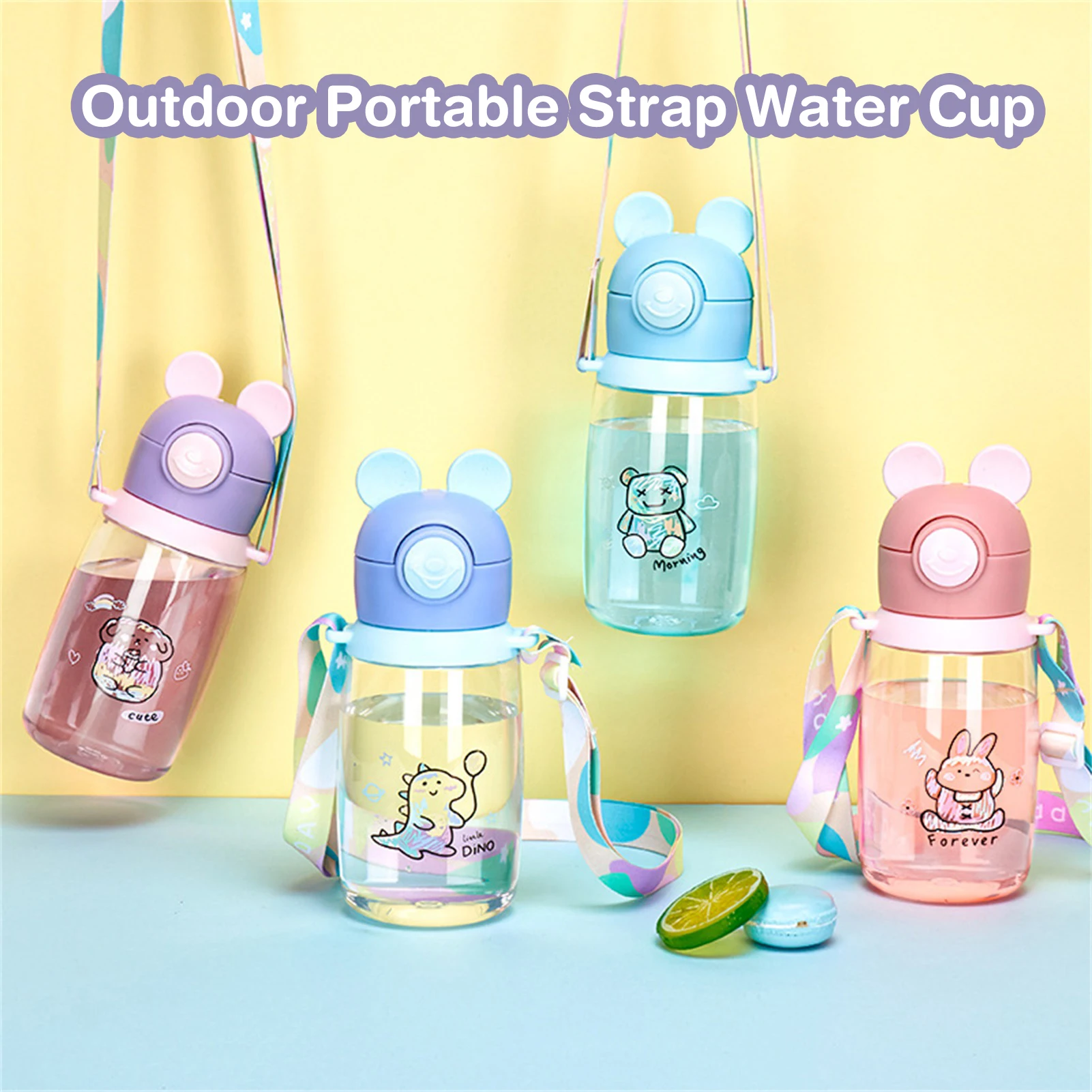

Cartoon Children's Plastic Water Bottle Outdoor Portable Strap Water Cup Bounce Cup Lid Straw Cup Outdoor Portable Water Cup