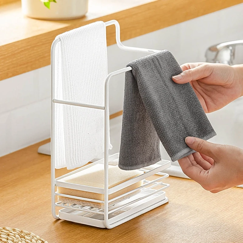 

Kitchen Towel Storage Rack with Drain Tray Brush Sponge Holder Shelf Organizer