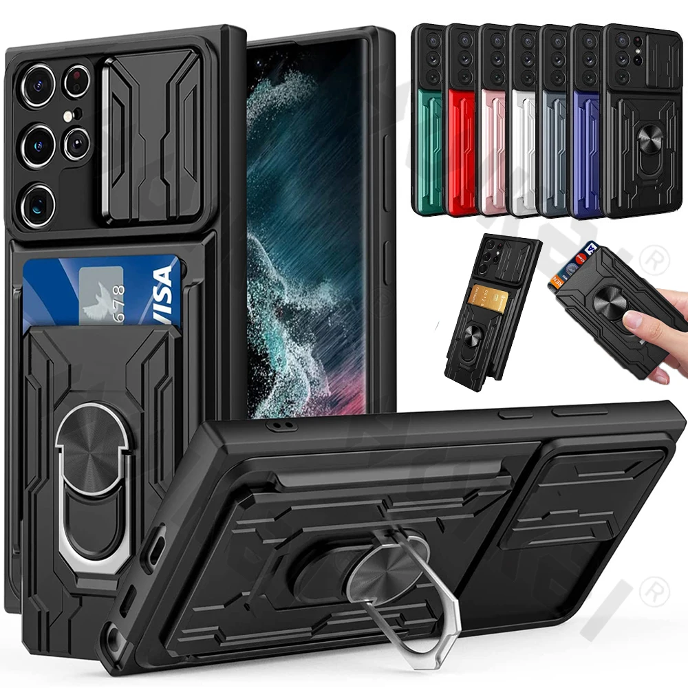 

HUIKAI Case For Samsung S22 Note 20 Ultra S20 S21 FE Galaxy A53 A73 A33 A23 A52 A72 A32 Slide Camera Card Holder 360° Ring Cover