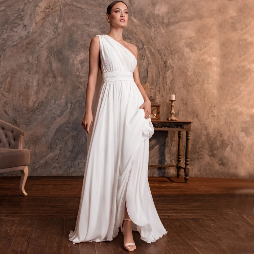 

Elegant Wedding Dress Boho V-Neck Sexy Backless Grab Pleated Belt and Floor Length Chiffon Bohemia Seaside Bridal Marry Gown