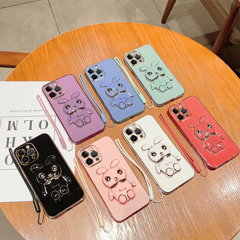 

6D electroplating Rabbit folding Stand Case For iPhone 14 13 12 11 Pro Max X XS 7 8 6 Plus Cute Kickstand Back Cover With Strap