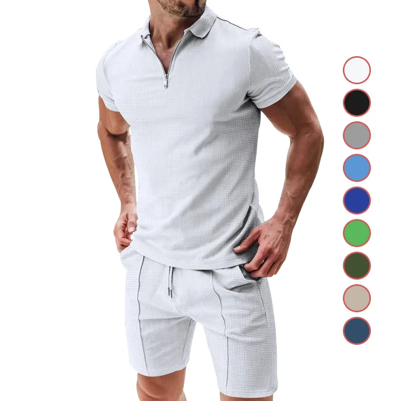 

Mens Suits Short Sleeve Shorts Casual Set Summer Waffle Solid Casual Loose Polo T-shirt Set Men