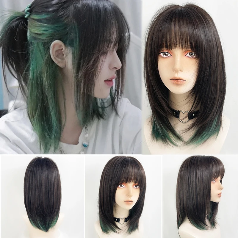 New Concubine Synthetic Cosplay Wig Mullet Head Female Wolf Tail Wig With Bangs Natural Green Highlights Fashion Hair