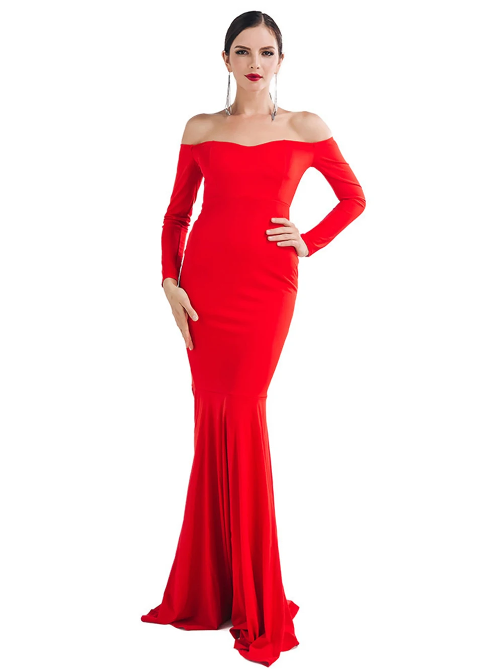 Strapless Black Elegant Evening Gowns Off Shoulder Backless Sexy Long Party Dresses Long Sleeve Red Mermaid Dress Vestidos