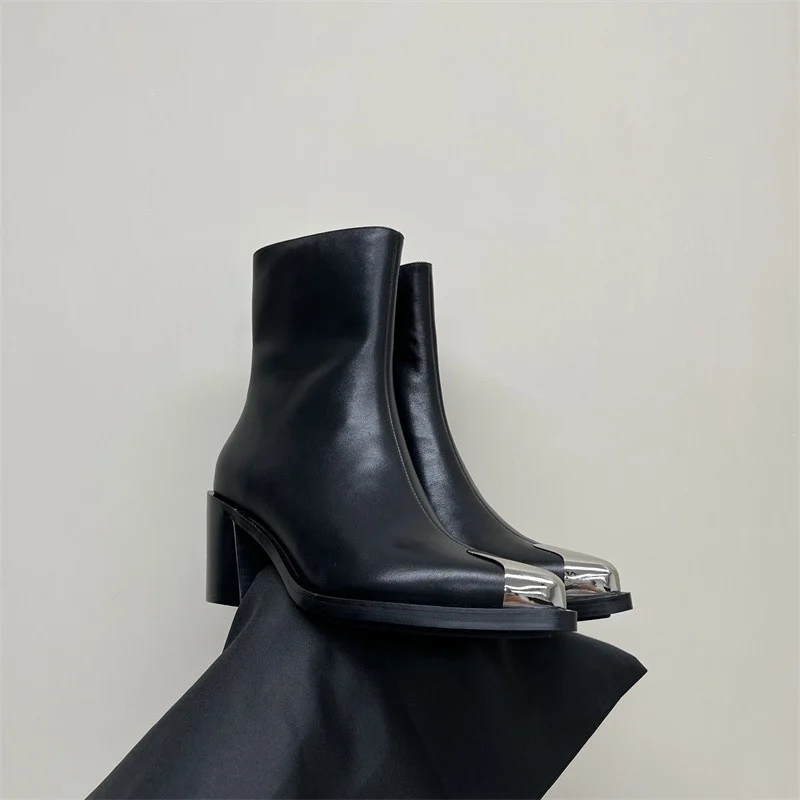 2022 New Metal Toe Thick Heel Short Boots Women's Leather Side Zipper High Heel All-match Boots