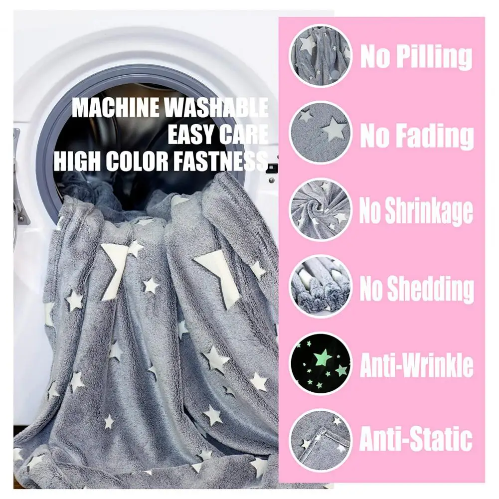 

Cute Bed Blanket Stars Moons Pattern Thermal Night Luminous Plush Nap Blanket Wrinkle-free Sleeping Blanket for Home
