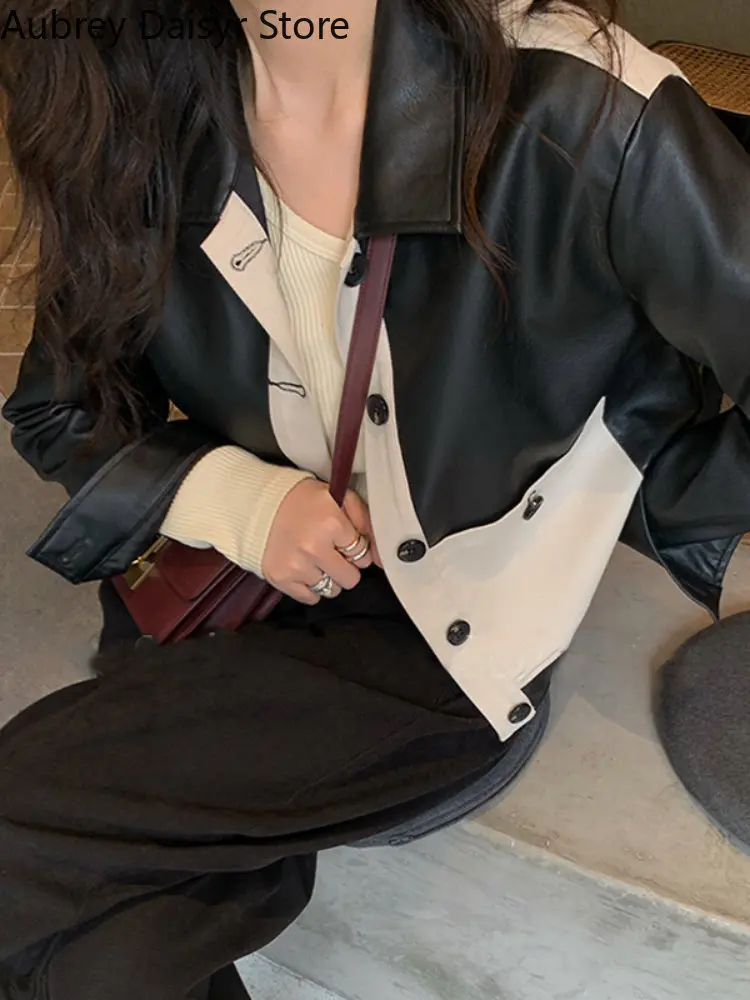 Korean Cropped Leather Jacket Women Vintage Streetwear Pockets Women's Autumn Jacket High Street Y2K Chic Faux Fur Coat 2021 New