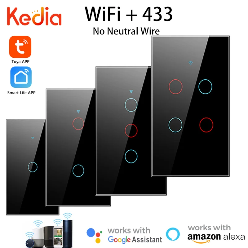 Умный выключатель Kedia US Tuya Wi-Fi + 433, без нейтрального провода, 1/2/3/4 клавиши, умный выключатель, дистанционное управление, голосовое управление, Alexa Goole Home
