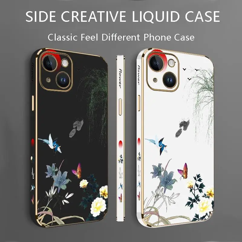 Willow Branches Luxury Plating Phone Case For iPhone 14 13 12 11 Plus Pro Max Mini X XR XS SE2020 8 7 6 6S Plus Cover