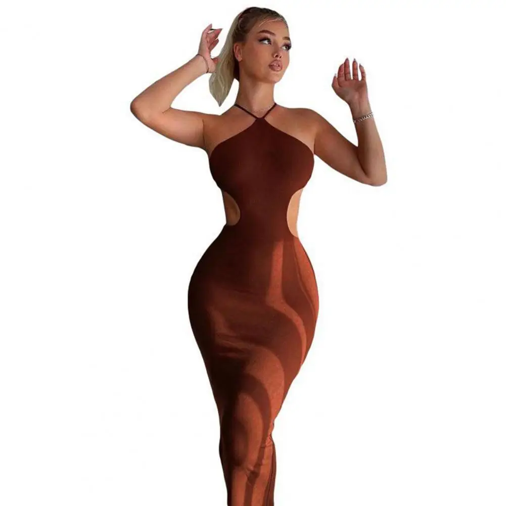 

Fashion Maxi Dress Pure Colors Back Lace-Up Bodycon Dress Women Sexy Backless Halter Bodycon Dress