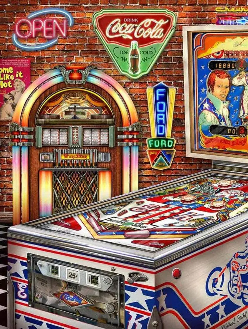 

Classic Pinball in Retro Man Cave with Jukebox and Neons, Art Signs Vintage Look Reproduction Metal Tin Sign 8X12 Inches