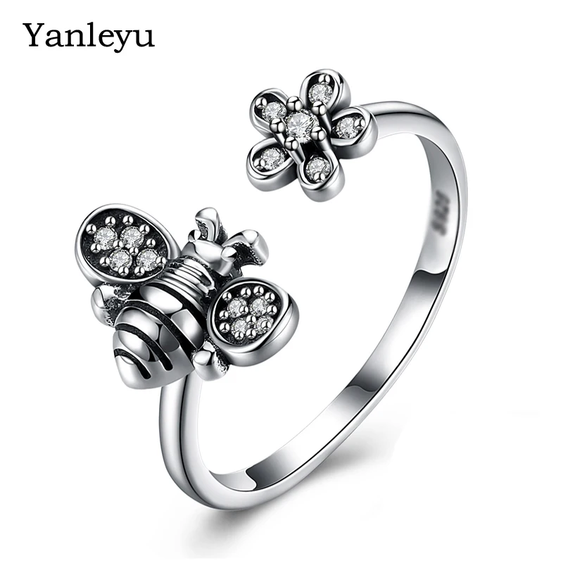 Женское Винтажное кольцо Yanley, открытое серебряное ювелирное изделие из тайского серебра с цветком Пчелой и микро кубическим цирконием, регулируемый размер, PR267