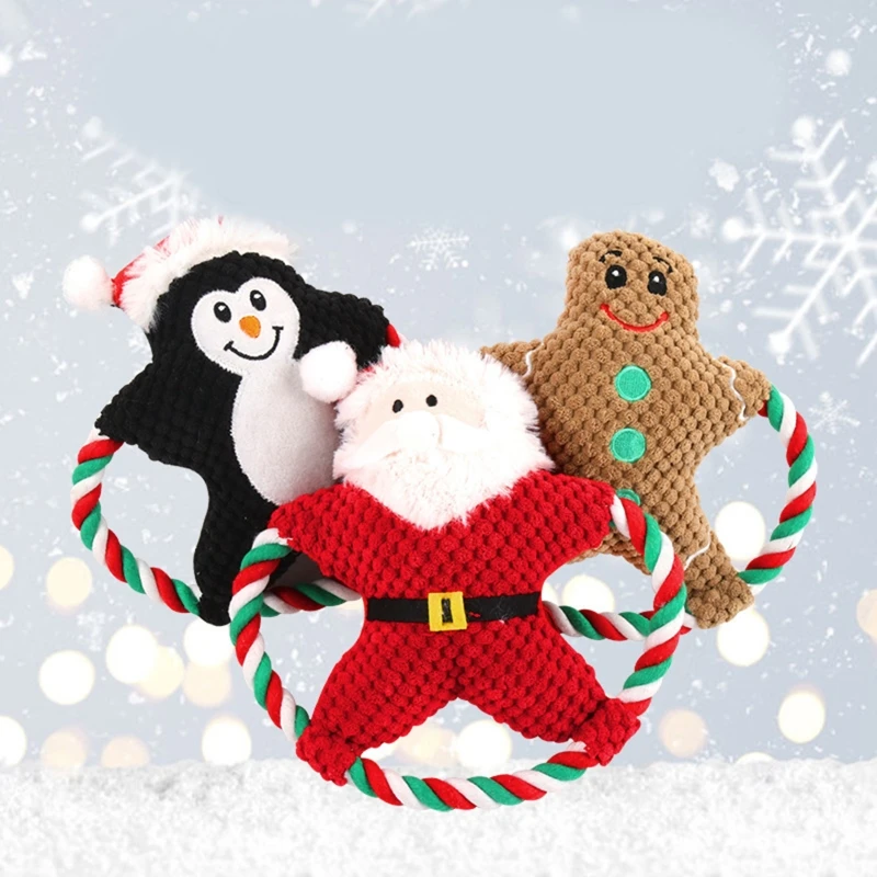 

New Dog Squeak Toys Stuffed Chew Toy Gingerbread Man Santa Penguin Design Soft Plush Rope Toy for Dogs Christmas Gift