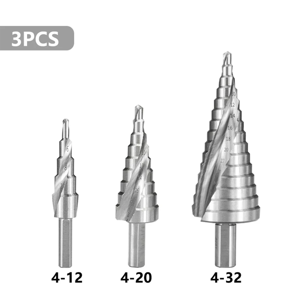 

3pcs HSS Step Drill Bit 4-12/4-20/4-32mm Spiral Groove Wood Metal Hole Cutter Round Shank Step Cone Drill Drilling Power Tools