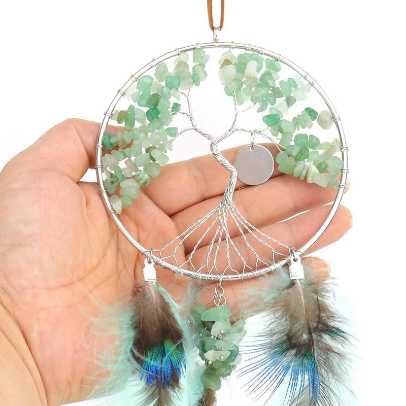 Handmade rock crystal gravel life tree Fortune Tree hanging with feather tassel door  window decoration car interior ornament