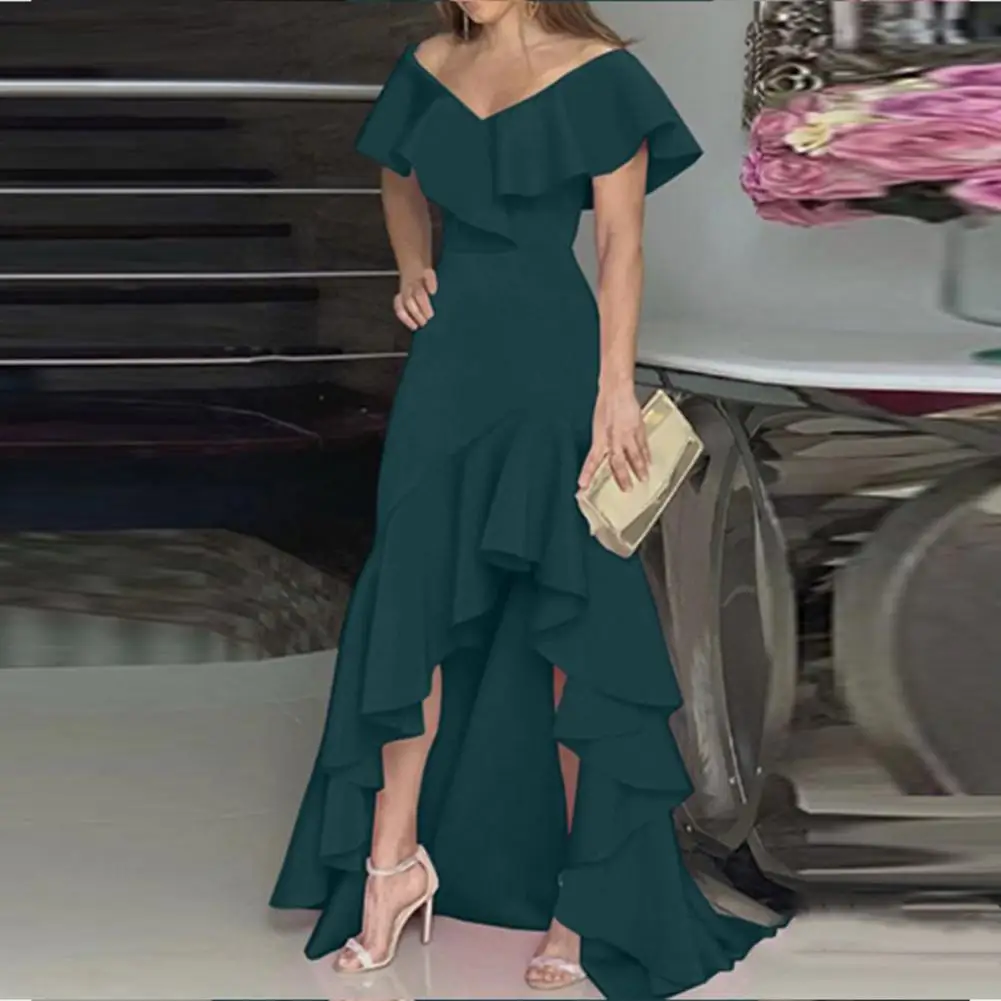 High-Waist Waist Tight Irregular High-Low Hem Party Dress Elegant Off Shoulder Ruffle Collar Dress Floor-Length Evening Dress