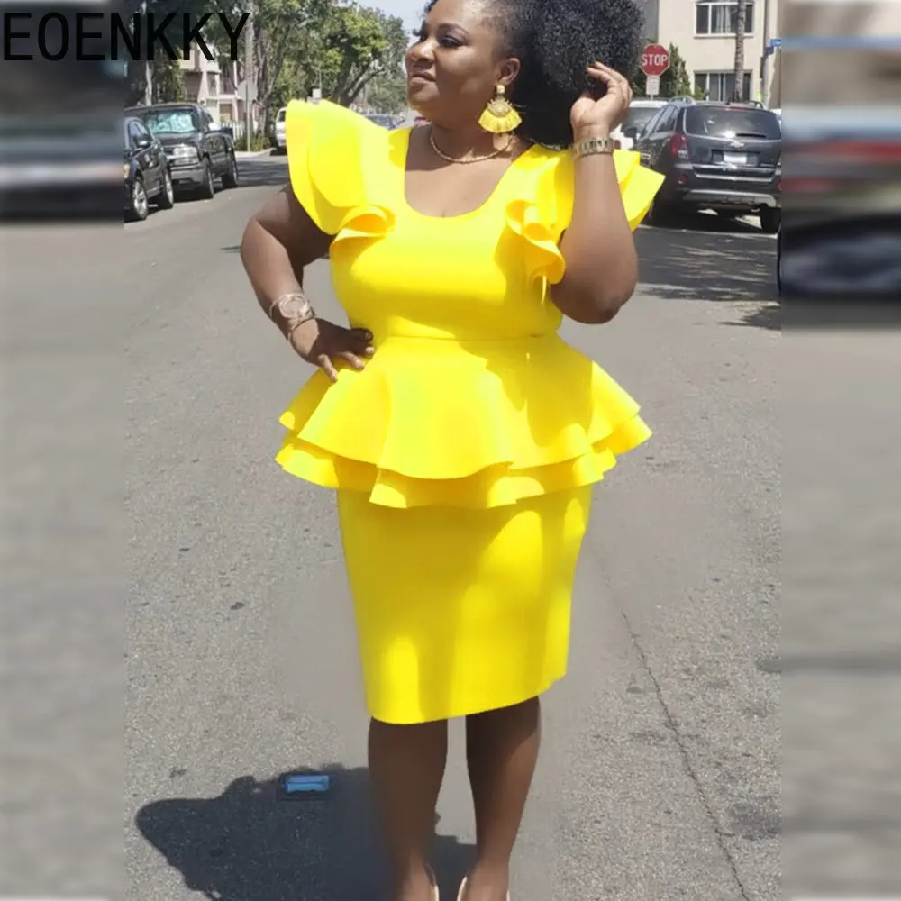 

EOENKKY Plus Size New Women's Dress Lotus Leaf Sleeve 2 Dresses Fat Sister Temperament Commuter Round Collar Skirt Wholesale