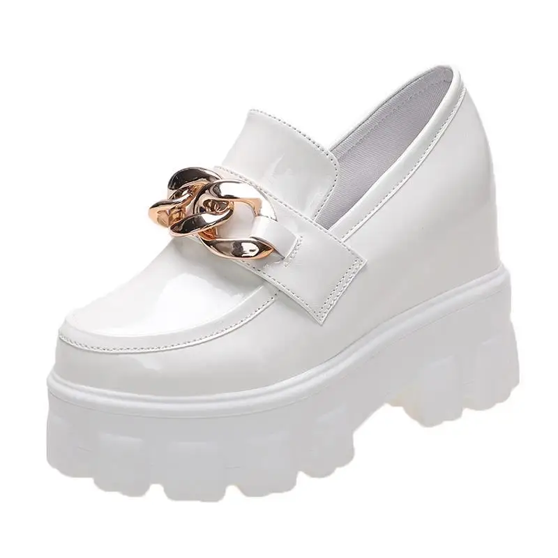 British Style Leather Height Increasing Insole Women's 2023 Spring New Platform Platform Slip-on Wedge Shoes 10cm