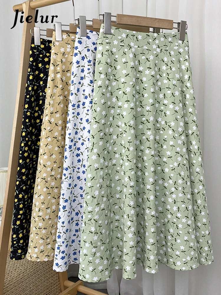 

Jielur New 2022 Stylish Floral Printed Tulle Mi-Long Women Skirts High Waist Loose Female Umbrella Skirts Ladies Spring Summer