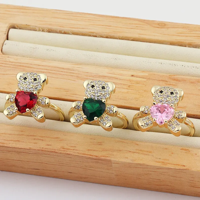 

Luxury Colourful Zircon Cute Bear Rings Crystal Wedding Open Adjustable Ring Gold Plated Women Copper Jewelry Birthday Gifts
