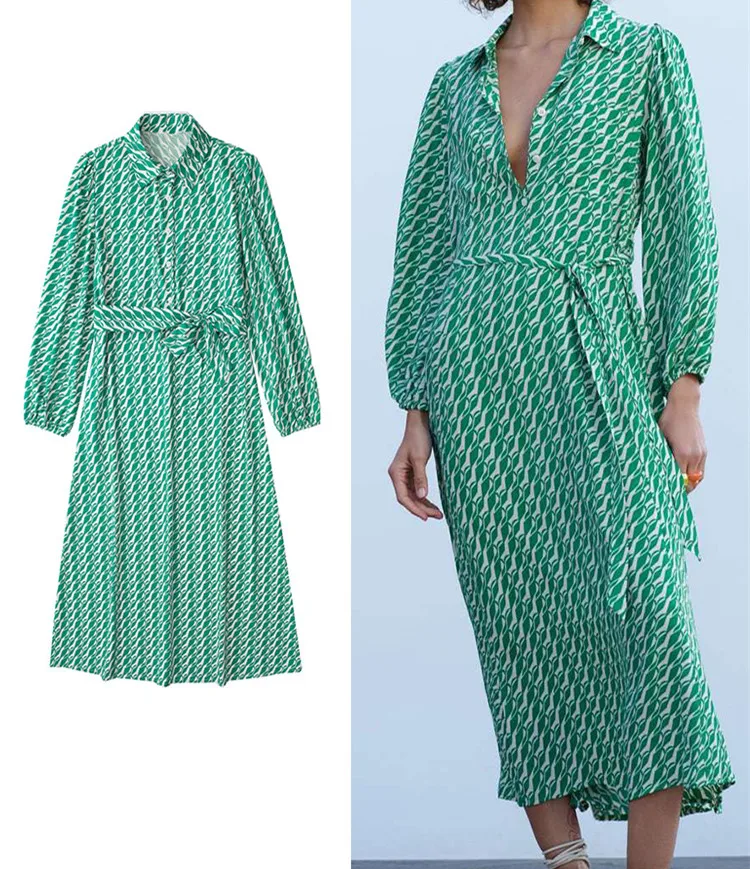 

2022 Summer Women Loose With Belt Plaid Long Sleeve Turn Down Collar Party Female Causal Vintage Mid-Calf Outfit платье летнее