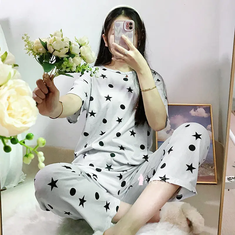 Summer Women's Pajamas Set Short sleeve Two Piece Set Sleepwear Home Wear Nightwear Pyjamas Lingerie Plus Size Sleep Sets